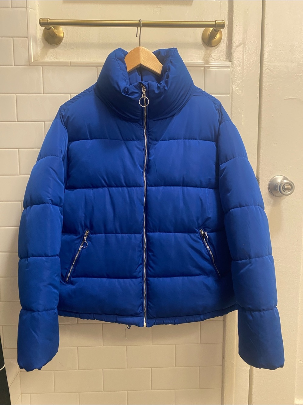 Forever 21 Y2K Cobalt Blue Funnel Neck Puffer Jacket with Silver Hardware